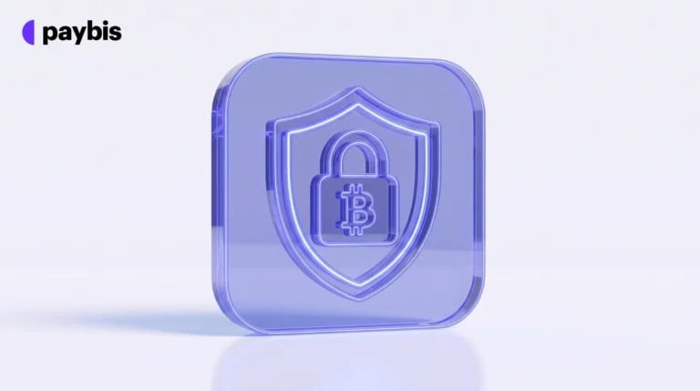 Glossy purple security tile with a shield, Bitcoin padlock symbol, and “paybis” logo on a pale background.