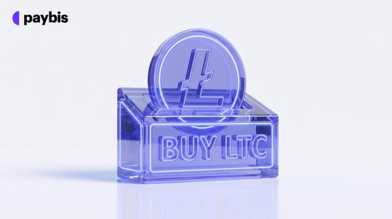 Glass-like blue Litecoin coin displayed in a box labeled “BUY LTC,” with the Paybis logo above left.