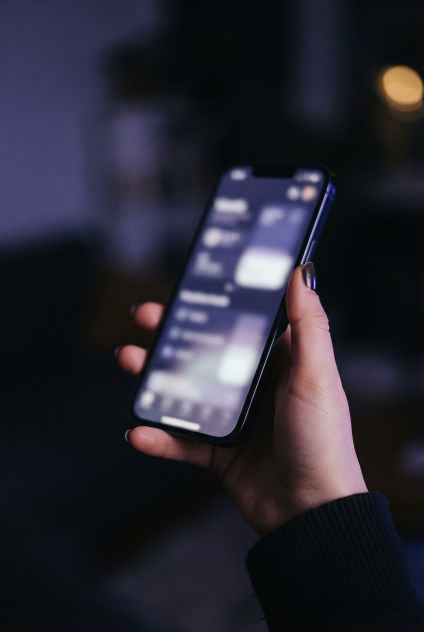 Hand with dark nails holding a blurred smartphone against a dark purple, bokeh-lit background.